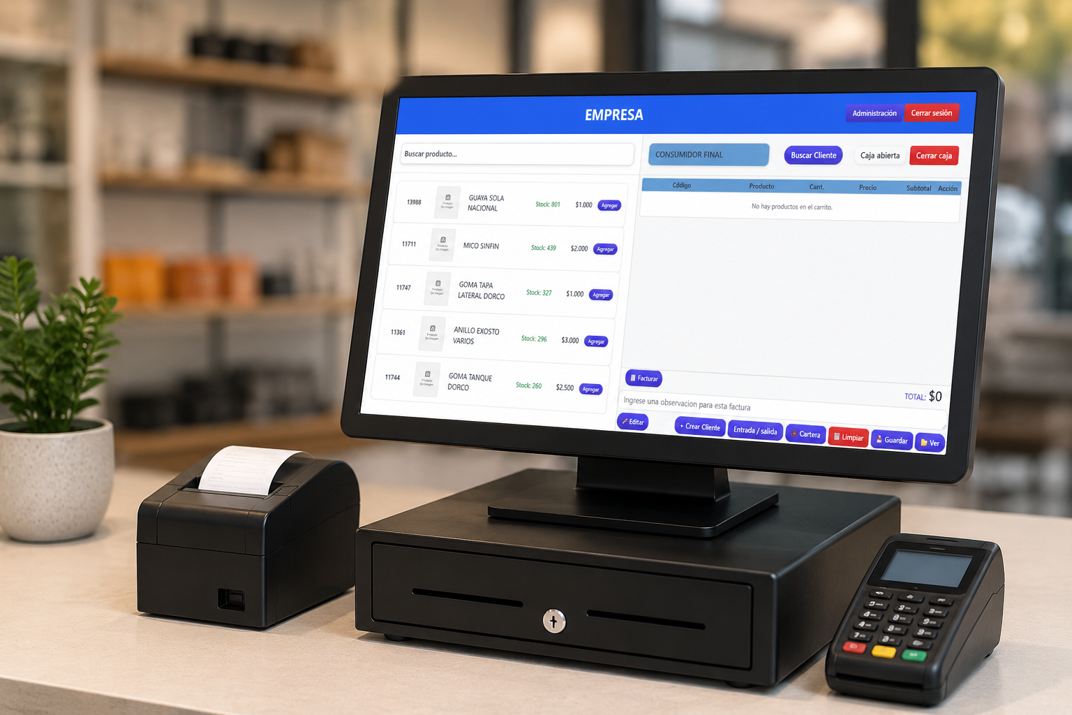 Punto de venta del sistema corriendo en una caja registradora con impresora de tiquetes