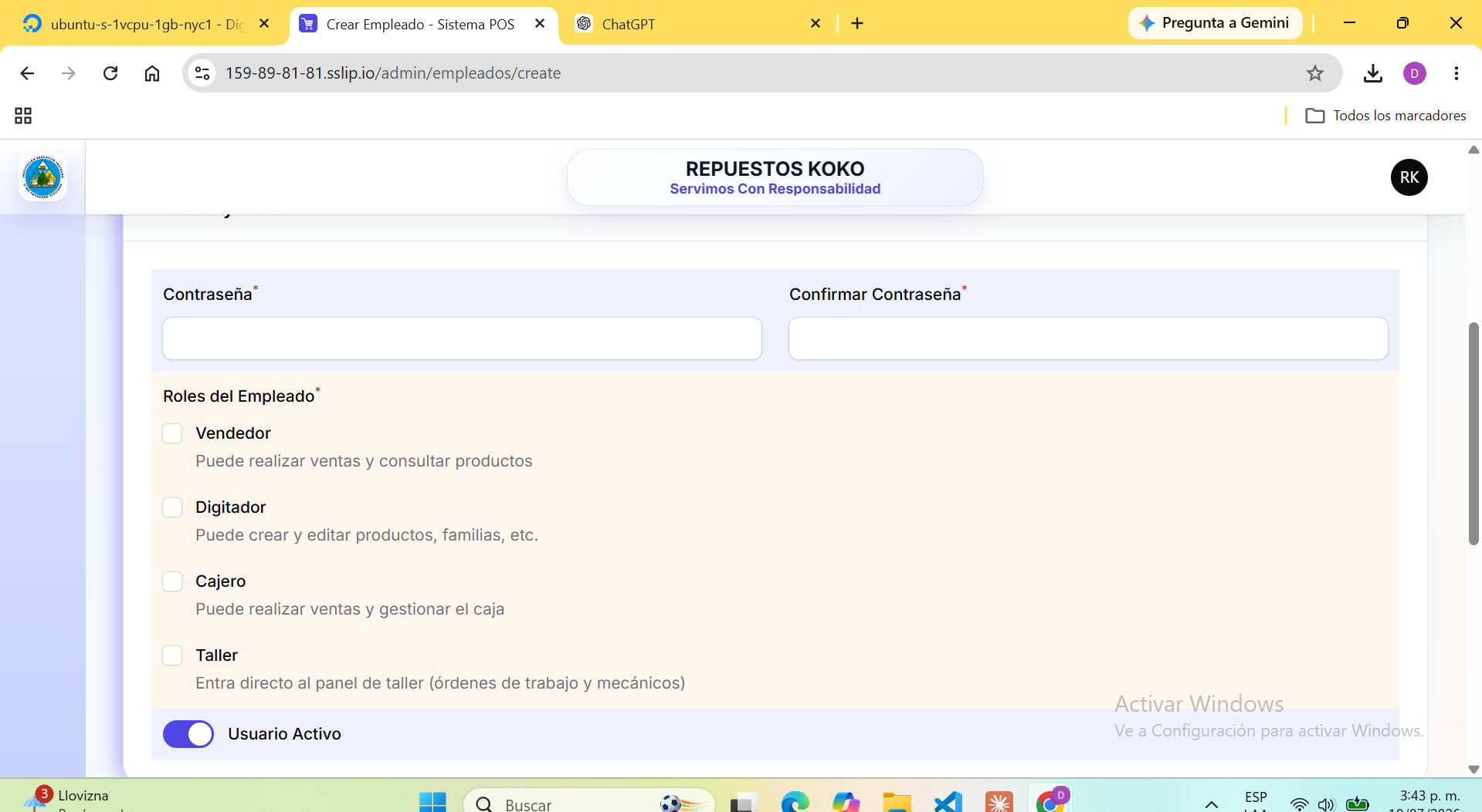 Crear Empleado - permisos